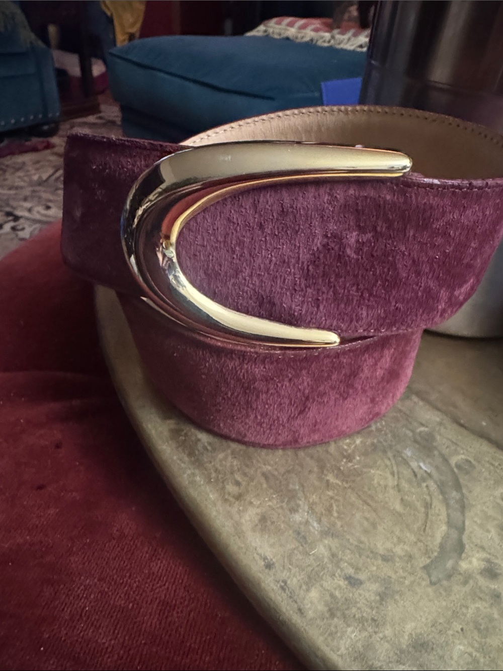 Women’s Burgundy Suede Belt with Gold Crescent Buckle